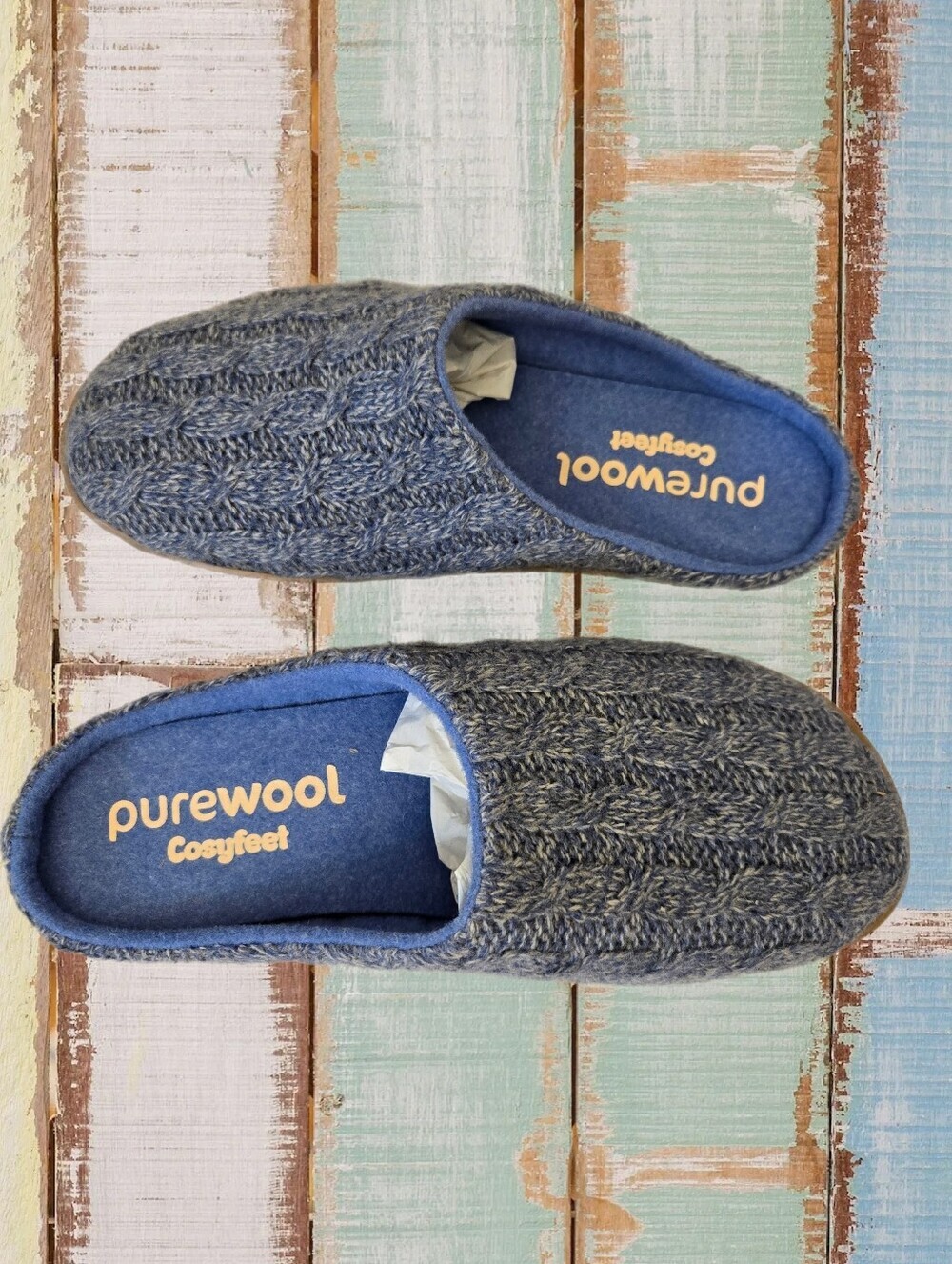 Cosyfeet Purewool Men's Sz 9 Slip On Benny Mules Blue Cable Knit Warm & Comfy